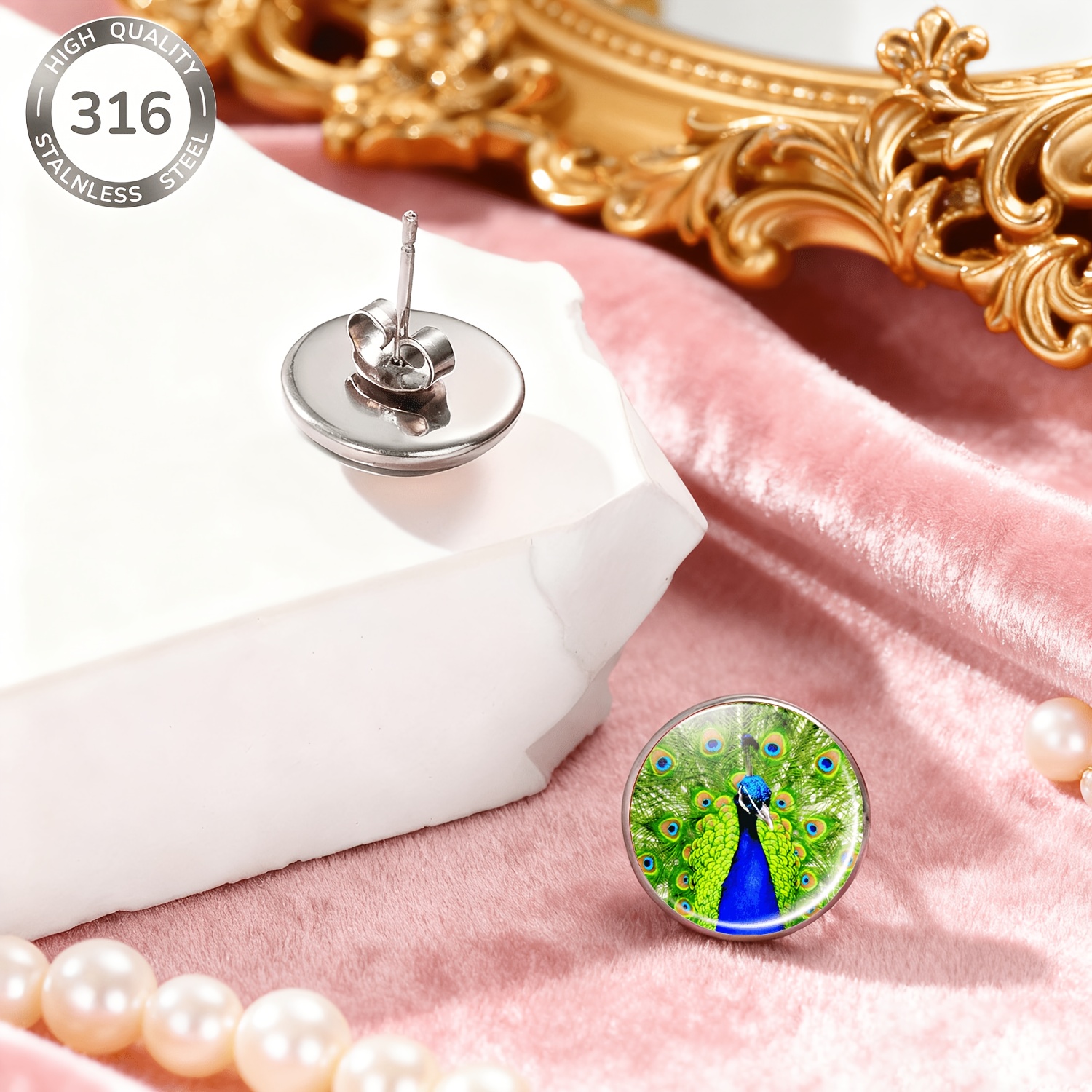 Women's 2pcs Stainless Steel Round Studs with Peacock Design